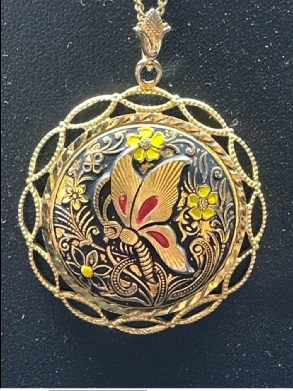 Vintage Damascene gold tone butterfly necklace pendant Floral yellow Red Accents